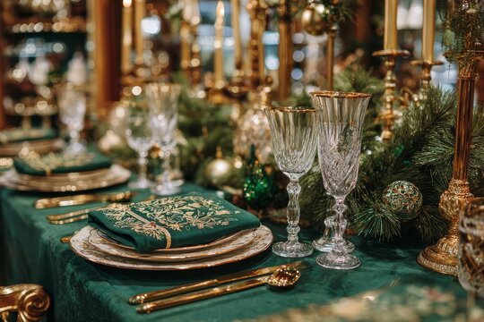 Festive green and gold table setting with burning candles, pine branches and ornaments, ideal background for Christmas invitations and advertising.