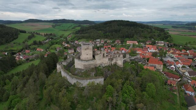 Rabi castle captured as aerial panorama historic medieval fortress landmark in Czech Republic countryside