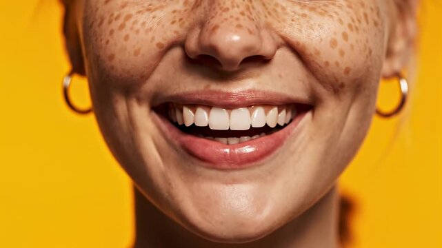 This captures a playful moment of a woman with freckles and gold hoop earrings smiling and sticking out her tongue against a vibrant yellow background, conveying a sense of joy and carefree spirit.