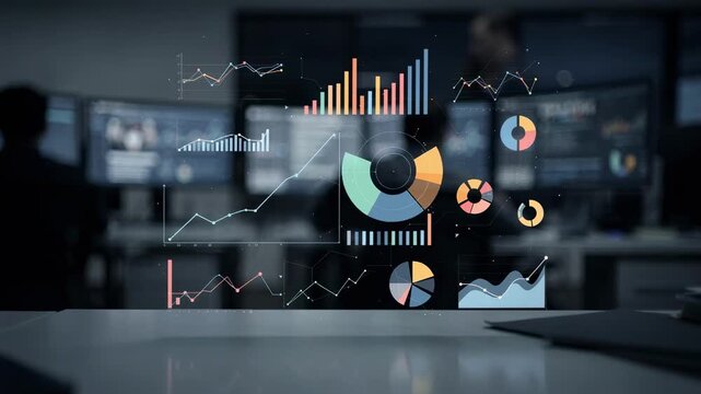 Medium framing of a brokerage operations dashboard during offpeak hours spotlighting key performance metrics in sharp detail with blurred peripheral visuals.