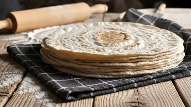 Stack of flatbreads resting on checkered cloth with rolling pin and flour on rustic wooden surface
