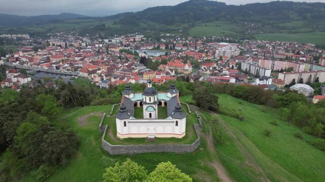 Susice town in Sumava region captured as aerial panorama showing historic urban landscape and surrounding nature