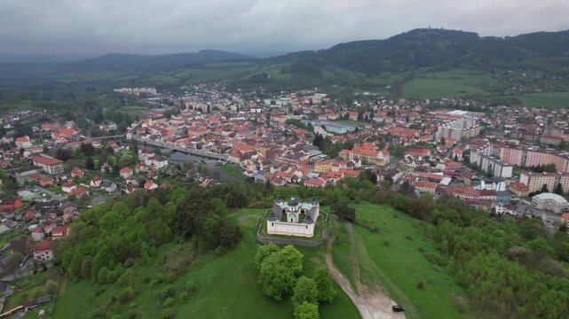 Susice town in Sumava region captured as aerial panorama showing historic urban landscape and surrounding nature