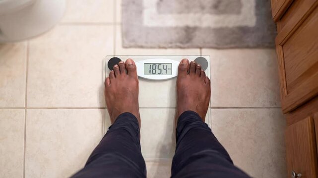 Person stepping onto digital scale in home bathroom with the screen indicating a weight measure of 185.4 lbs - Top view of person's feet with static camera