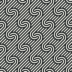 Obraz premium Seamless geometric pattern with thin linear stripes. Stylish monochrome background. Digonal interlaced lines. Vector repeating texture with winding ribbon-like lines, ideal for textile, wallpaper.