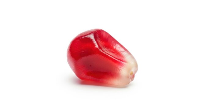 Close-up of a single pomegranate seed on a white background, showcasing its vibrant red color and glossy texture, perfect for food and nutrition concepts.