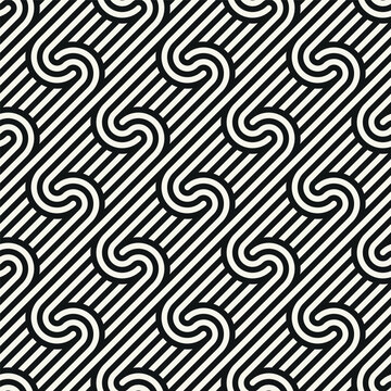 Seamless geometric pattern with thin linear stripes. Stylish monochrome background. Digonal interlaced lines. Vector repeating texture with winding ribbon-like lines, ideal for textile, wallpaper.