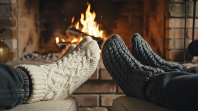 This captures a cozy moment of a couple relaxing by a warm fireplace in a rustic room. The atmosphere is peaceful and inviting, with a crackling fire and warm glow. The couple's feet are clad in warm