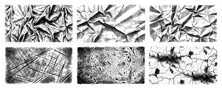 Distressed texture collection featuring crumpled paper wrinkled fabric scribbles and cracked earth in sketch style
