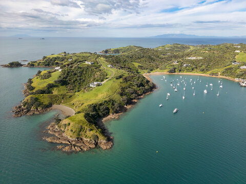 Aerial view of Matiatia Bay on Waiheke Island, New Zealand.