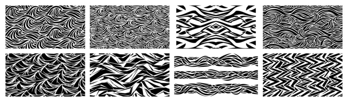 Ocean wave patterns and abstract water textures set in woodcut style