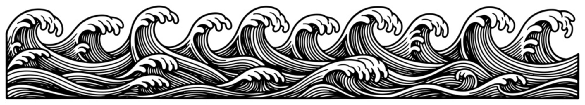 Horizontal ocean wave border with traditional Japanese engraving style