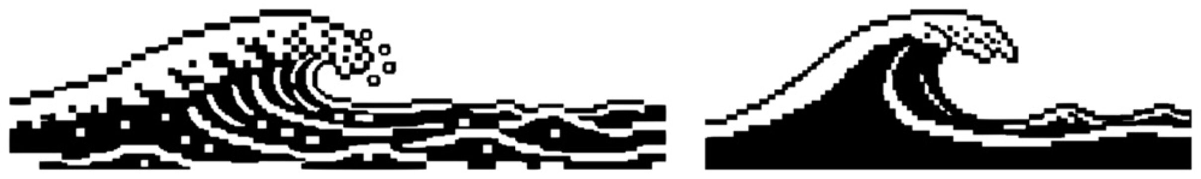 Ocean waves in pixel art and minimalist graphic silhouette styles
