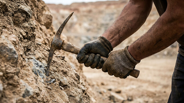 Man digs with pickaxe in industrial site wearing gloves