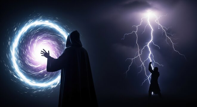 An ancient hooded silhouette stands beside a swirling magical portal while a shadowy form hurls bright electric lightning into the dark sky, mystery, strike, hooded