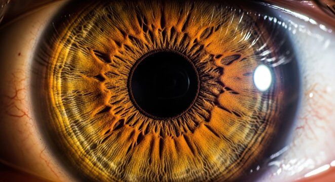 An extreme macro shot of a detailed iris featuring golden amber tones and intricate textures, reflecting a soft glow of light within, perception, eye, contemplative