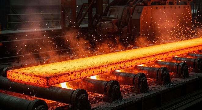 An incandescent hot steel slab moves across heavy industrial conveyor rollers inside a dark metal manufacturing plant with steam and sparks, warehouse, iron, construction