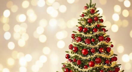 Obraz premium A beautifully adorned evergreen tree stands glowing with warm lights, featuring glossy red baubles and intricate gold tinsel or ornaments, decoration, splendor, needles