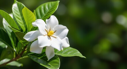 Obraz premium A beautiful white gardenia jasminoides flower blooms elegantly against a lush green leaf background in a peaceful summer garden setting, spring, soft, flower