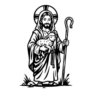 Jesus Christ holding a lamb and shepherd staff line art drawing
