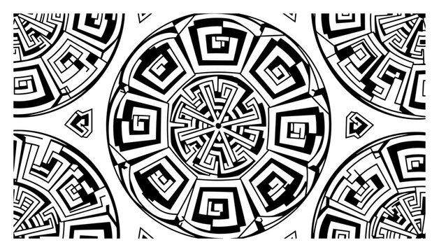 Geometric circular ornament with maze and greek key pattern style