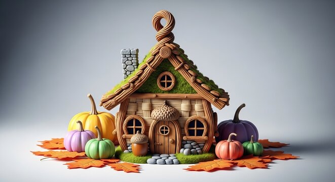 A charming miniature cottage with organic details sits nestled among small pastel pumpkins and fallen autumn leaves in soft lighting, still life, handmade, sculpture