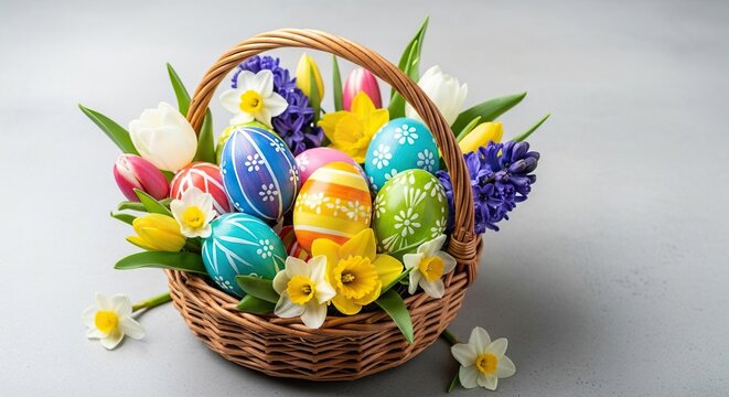 A charming wicker basket filled with vibrant hand-painted Easter eggs and fresh spring blossoms arranged neatly on a plain grey surface, wicker, horizontal, vibrant