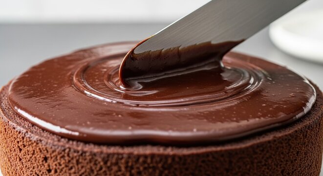 A close-up view of glossy dark chocolate ganache being spread smoothly over a round layer cake with a metal palette knife in a kitchen, cocoa, kitchen, rich
