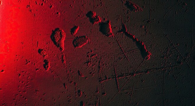 A dark cement concrete surface featuring weathered scuffs and deep scratches illuminated by a dramatic crimson light glow from the edge, texture, space, material