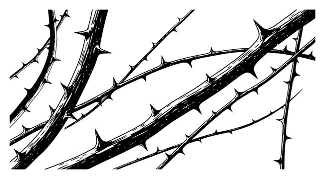 Thorny branches and brambles growing diagonally in vintage line art style