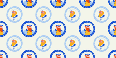 Stoffe zum Nähen Vintage mariner illustration seamless pattern. Hand drawn retro style old sailor man background. Cartoon character portrait inside boat window.