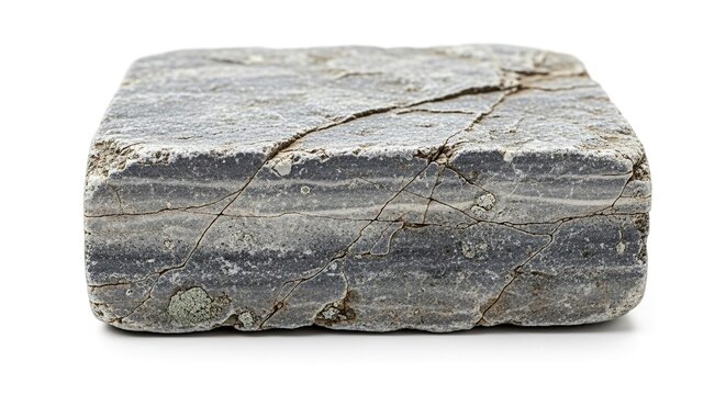 A detailed high resolution image of a solid rough gray stone base isolated against a white background, showing natural textures and cracks, material, monolith, architecture