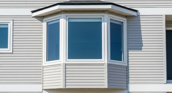 A detailed exterior view of a modern house featuring a large three-pane bay window surrounded by horizontal light-colored vinyl siding panels, maintenance, house, white