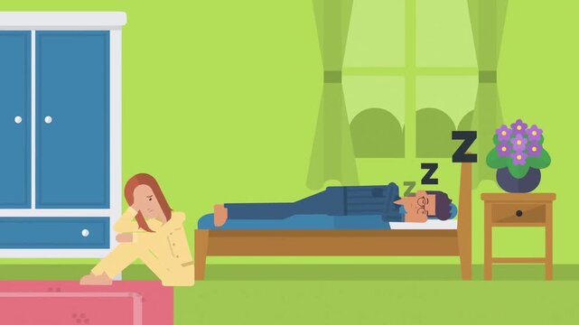Man Sleeping in Bed While Woman Sits on Floor Looking Stressed, Relationship Problems or Insomnia Concept, 2D Flat Animation Interior