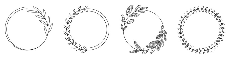 Set of four hand drawn circular floral wreaths with black ink outlines and various leaf patterns on a white background © Shuvo S