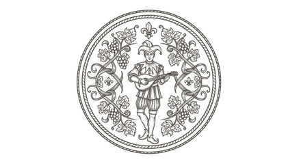 Jester playing lute in circular vintage engraved design with grapes and fleur-de-lis © masiku