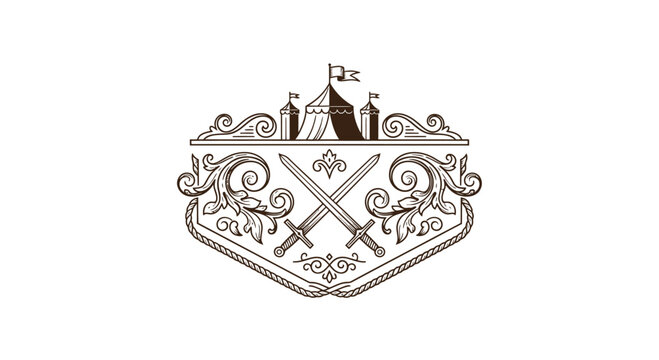 Vintage Engraved Crest with Crossed Swords and Tent Emblem