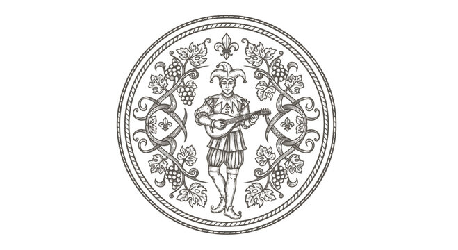 Jester playing lute in circular vintage engraved design with grapes and fleur-de-lis