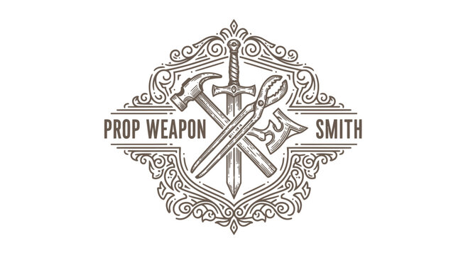 Vintage Engraved Emblem: Hammer, Pliers, Axe, Sword, Prop Weapon Smith Logo