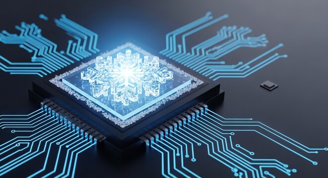 A futuristic microprocessor featuring a glowing crystal snowflake emblem with icy frost textures and neon blue cooling energy circuits, innovation, liquid, cpu