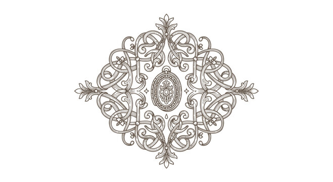 Ornate Vintage Engraved Emblem with Filigree Details on White Background