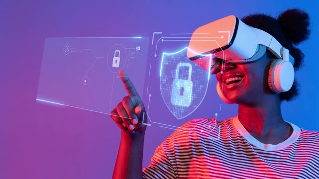 A young woman engages with a glowing holographic interface while wearing a virtual reality headset, symbolizing the fusion of technology and creativity in a modern setting. Raster