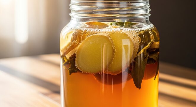 A glass jar of homemade kombucha fermenting with fresh ginger slices and tea leaves on a rustic wooden table in soft morning sunlight, traditional, liquid, craft