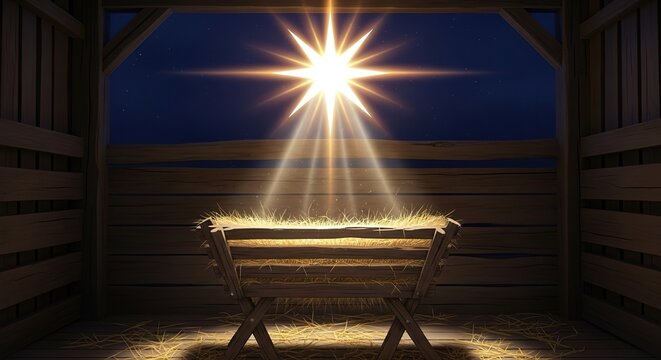 A glowing celestial star shines over a rustic wooden manger filled with soft hay inside a peaceful stable during a miraculous holy night, glowing, straw, night