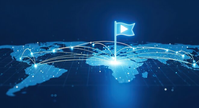 A glowing digital flag marker positioned on a blue translucent world map featuring illuminated data connection points and network lines, intelligence, innovation, link