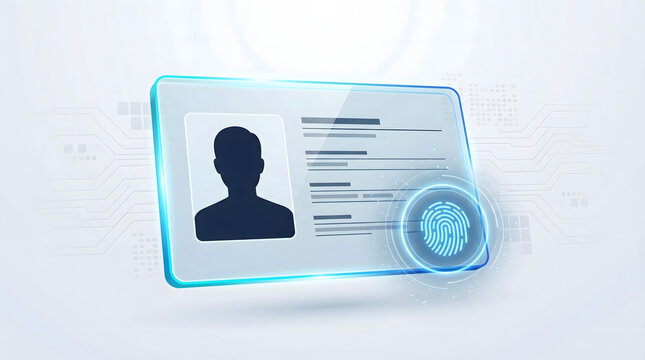 futuristic digital id card with biometric fingerprint scanning technology on a clean white background featuring a glowing virtual interface and electronic circuit patterns