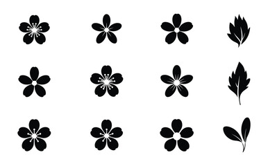 Fototapeta premium Set of black silhouette featuring various five petal cherry blossom flowers and different shaped botanical leaves arranged in a grid pattern on a white background