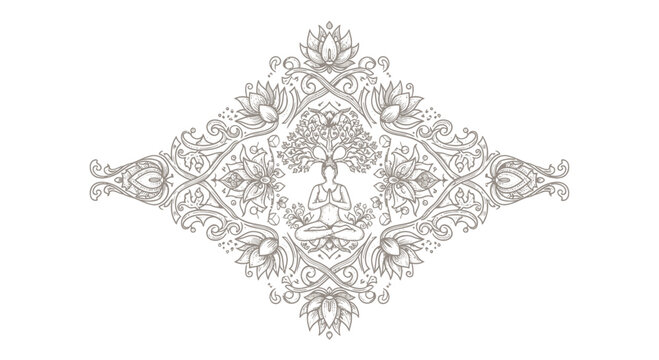 Vintage Engraved Mandala Lotus Tree Yoga Meditation Zen Harmony