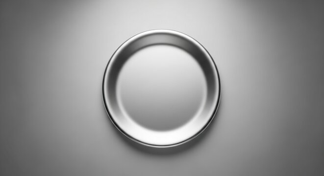 A high-quality top-down view of a blank circular metal pin button featuring a polished silver surface and soft shadows on a grey backdrop, back, accessory, design