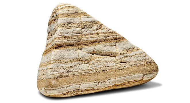 A high resolution view of an isolated triangular beige rock featuring intricate geological textures against a clean and neutral backdrop, grit, monochromatic, light